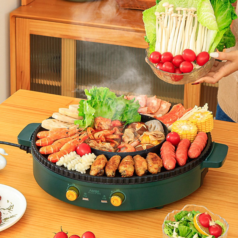 しゃぶしゃぶで一体鍋を焼く韓国式は電気焼き皿をつけないで、焼肉皿を丸くします。|undefined