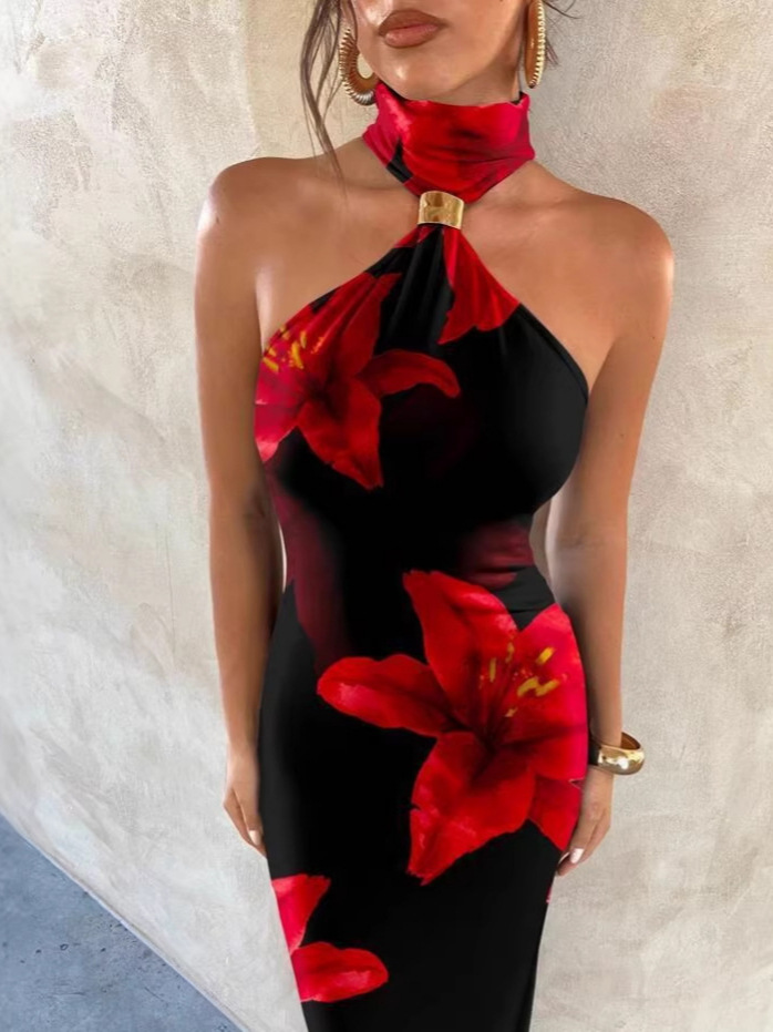 Summer Fashion High Neck Off Shoulder Floral Print Dress For Women Elegant Slit Design American Style_ecoleips.com