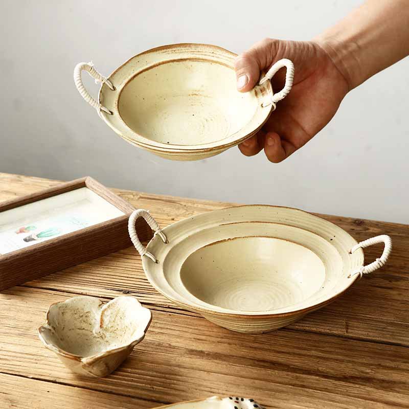 Cuerda de cáñamo cuenco de gres de doble oreja vintage apenado sombrero de paja cuenco de pasta hogar tazón de fideos tazón de sopa