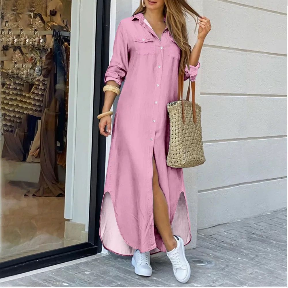 Femmes Jupe Trapèze Mode Refuser Bouton Manche Longue Couleur Unie Maxi Longue Robe Du Quotidien display picture 4