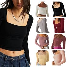 2023欧美跨境新款女装亚马逊速卖通热卖长袖纯色露脐方领T恤上衣