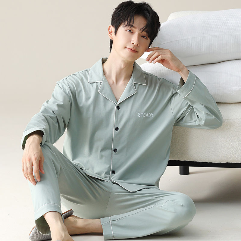 Pijama de hombre primavera y otoño cardigan de manga larga set delgado suelto algodón puro estilo exterior se puede usar ropa de hogar
