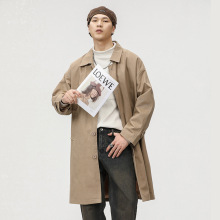 春秋季日系复古翻领风衣男中长款简约宽松外套美式潮牌纯棉大衣