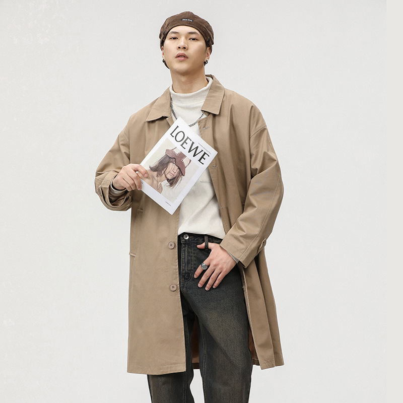 봄과 가을 일본식 빈티지 라펠 트렌치 코트 남성용 중간 길이 심플 루즈한 코트 아메리칸 스타일 세련된 브랜드 퓨어 코튼 코트