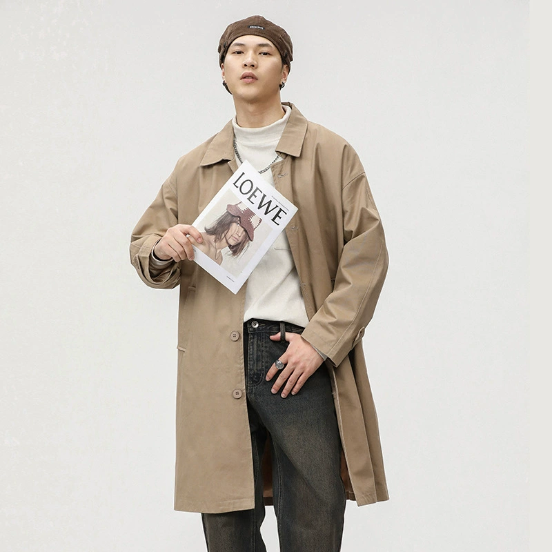 Весенне-осенний Японский ретро Тренч с лацканами, мужское простое Свободное пальто средней длины, американское модное Брендовое хлопковое пальто