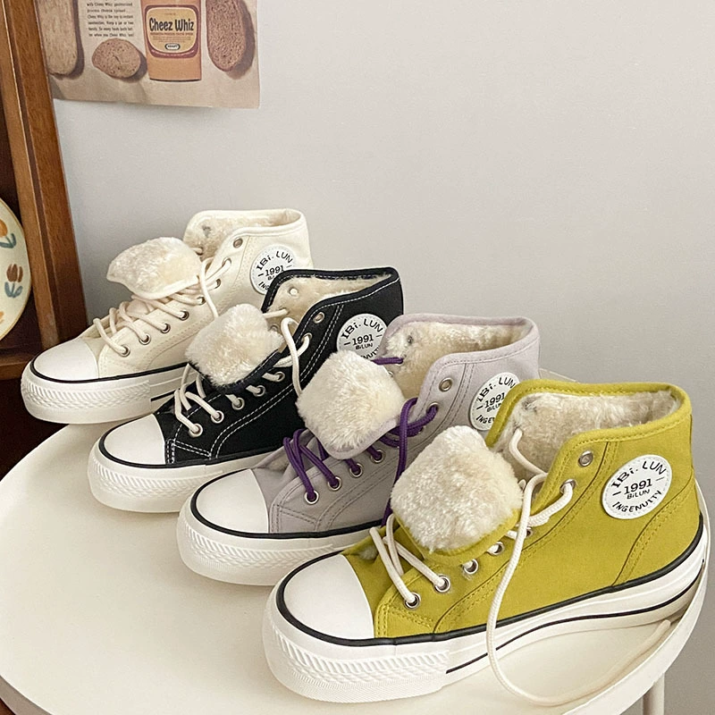 Уродливые милые высокие парусиновые туфли из манго для женщин 2023 Зимние универсальные повседневные белые кроссовки на флисовой подкладке для студентов