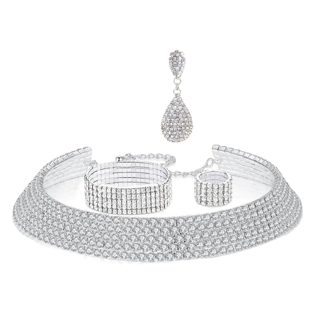 2023 Boda nupcial fotografía agua diamante Plata cuatro filas collar pendientes pulsera estiramiento anillo 4 piezas conjunto