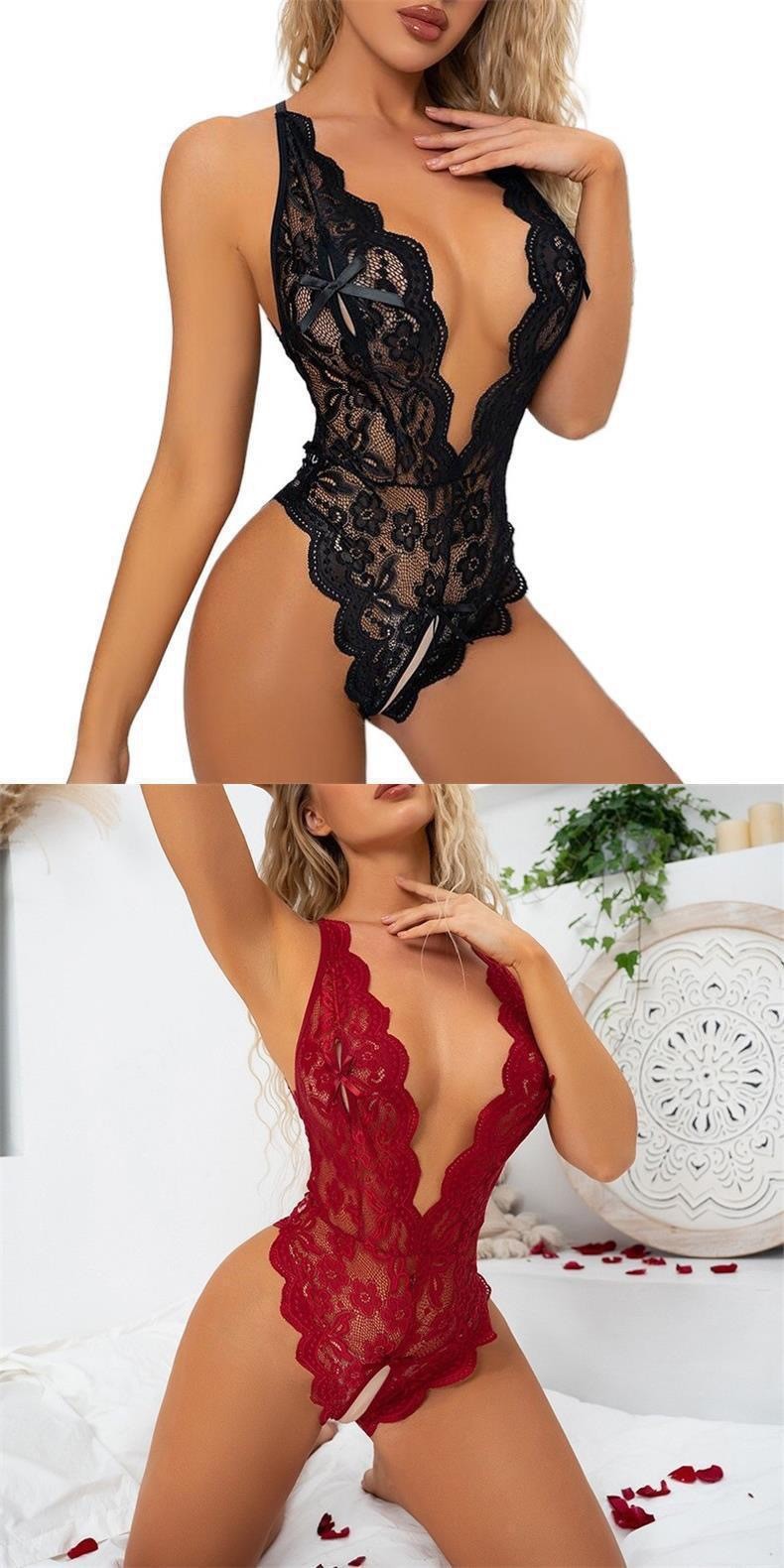 Women’s Lace Open-Crotch One-Piece Bodysuit in Deep Blue, XXXL — detail image 8