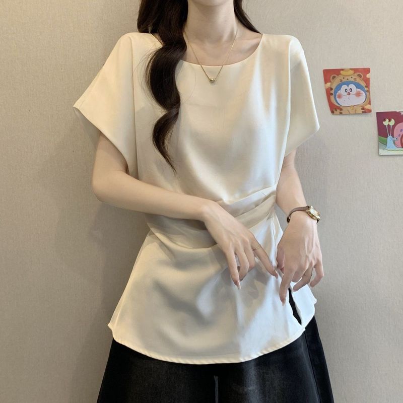 大码醋酸缎面小飞袖正肩短袖衬衫女夏季新款胖mm宽松显瘦遮肉上衣|undefined