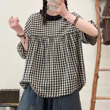 胖mm大码女装上衣 日系小清新蕾丝娃娃领短袖格子棉麻衬衫女