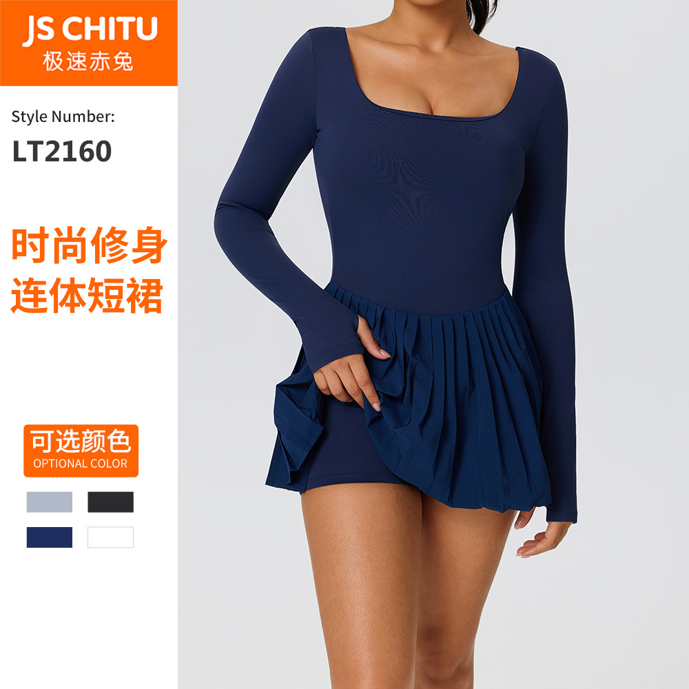 European and American Backless Long-Sleeved Yoga Sports One-Piece Dress with Waist Slimming Look and Anti-Exposure Dress with Chest Pad Tennis Skirt