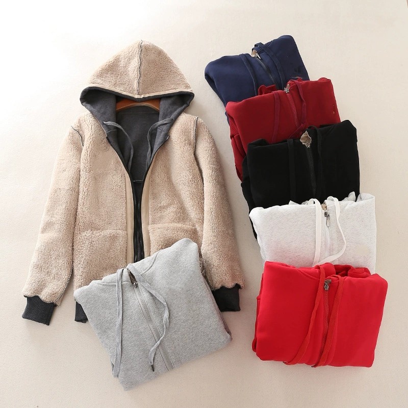 Amazon hooded sweater women's autumn and winter plus size students solid color warm cotton fleece-lined thick zipper cardigan coat