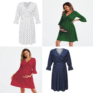 Hot polka dot mid-sleeve pregnant women's V-neck dress Europe and the United States new cross-border supply