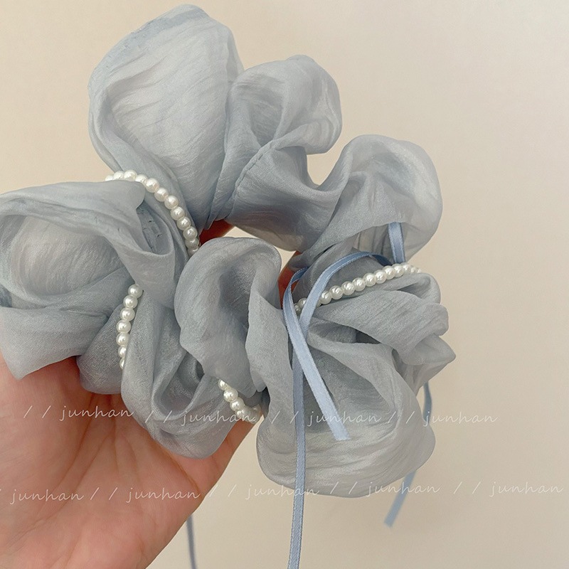 ruhigstern blue bow pearl large intestine hair ring women‘s high-grade korean satin headband hair accessories hair accessories