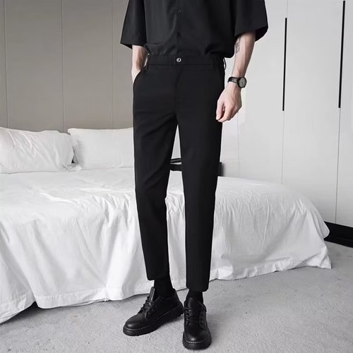 Men's Summer Straight Suit Pants Ice Silk Long Trousers for Men with Drape 9/10 Casual Thin Trousers Trend Brand