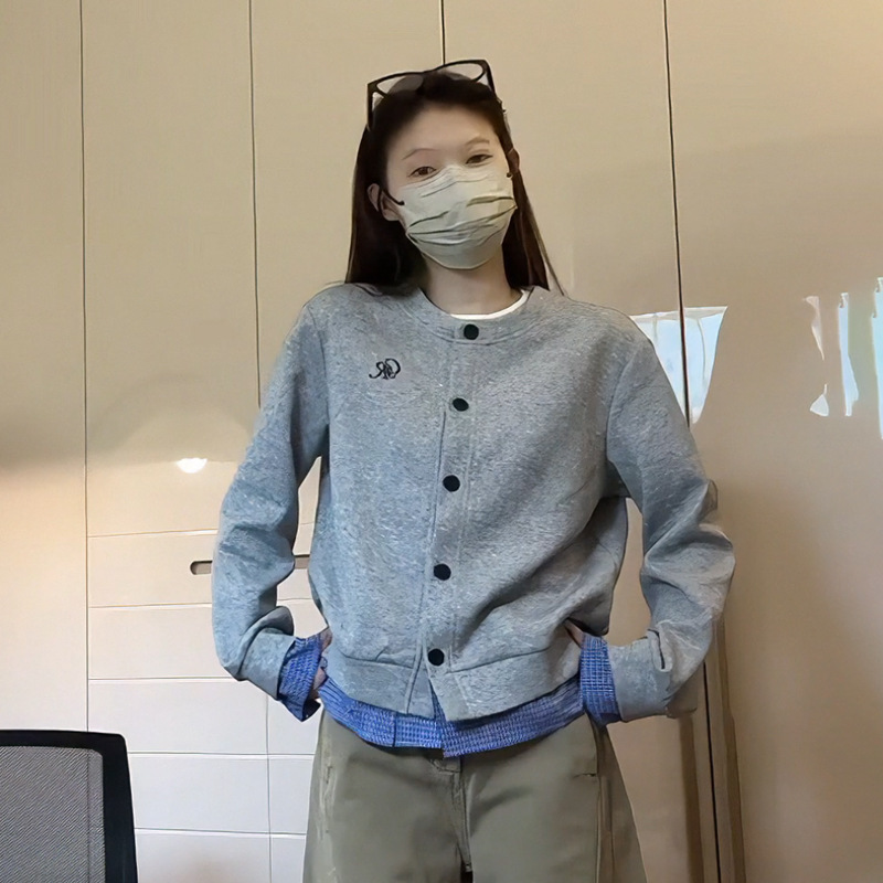 大码胖mm假两件格子开衫卫衣外套女秋装设计感休闲风长袖圆领上衣|undefined