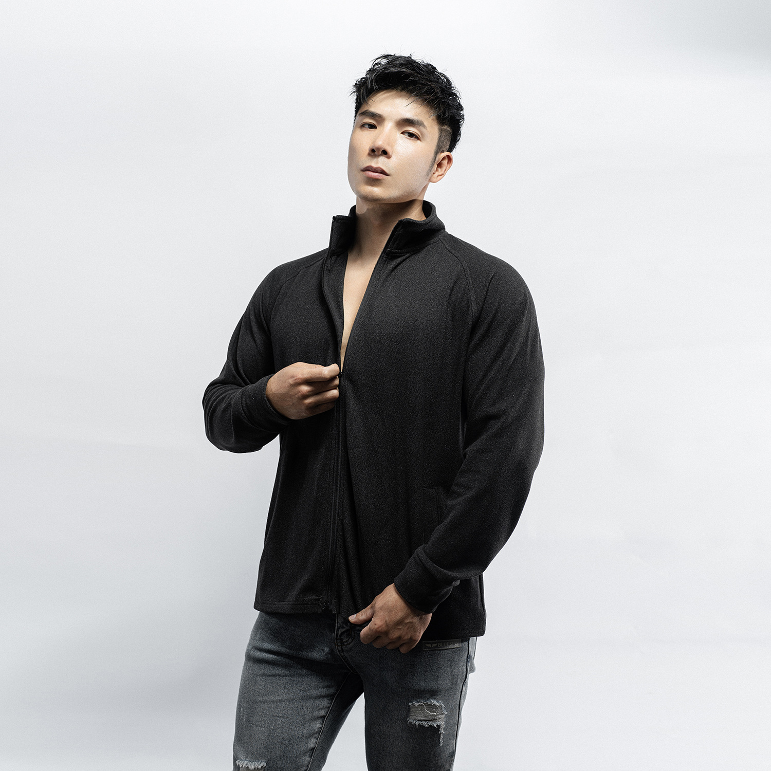 Autumn and winter men's new sports leisure running exercise fitness solid color double-sided velvet warm zipper long sleeve coat