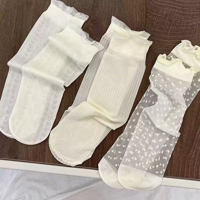 Summer Socks Ultra-Thin Socks Ice Stockings Women's Summer Lolita Polka Dot Heart Sweat-Absorbent Lace Pile Socks