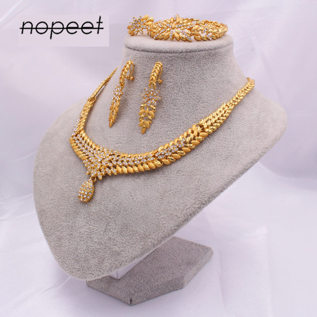 NOPEET Dubai Jewelry 24K Gold Plated Jewelry Set 24K Gold Necklace Earrings Bracelet Ring Jewelry Set
