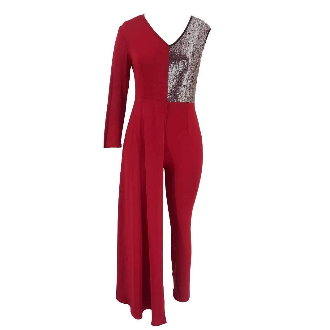 Cross-border Mujeres de Europa y América del mono de moda sexy V-cuello de lentejuelas costura delgado de un solo hombro fiesta noche mono