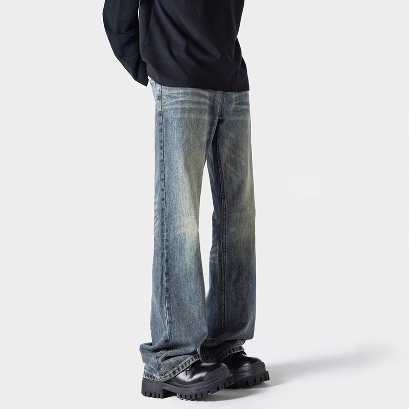 American Retro Blue Jeans for Men, Spring Trendy Brand, Loose Clean Fit, Tall Flared Casual Long Pants