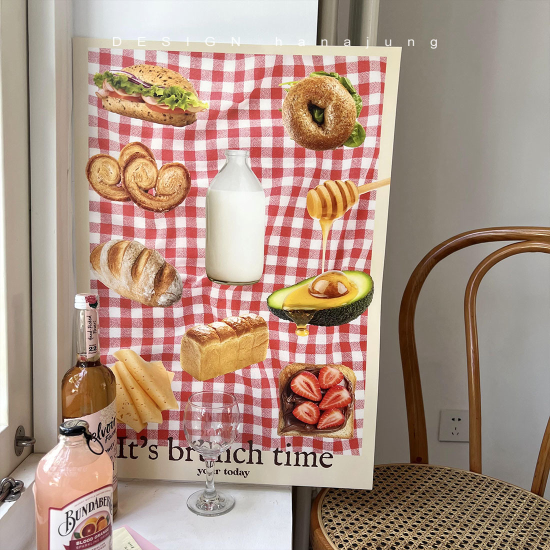 夏日野餐麵包黃油紅色格紋少女風紙質海報 韓國ins小清新裝飾掛畫