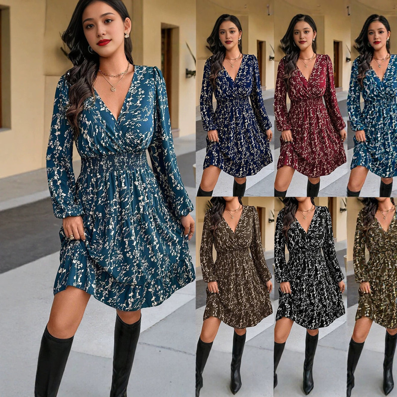 European and American style V-neck floral dress for women, long-sleeved, waist-cinching, slimming, puff-sleeved, mid-length printed dress, new autumn and winter model