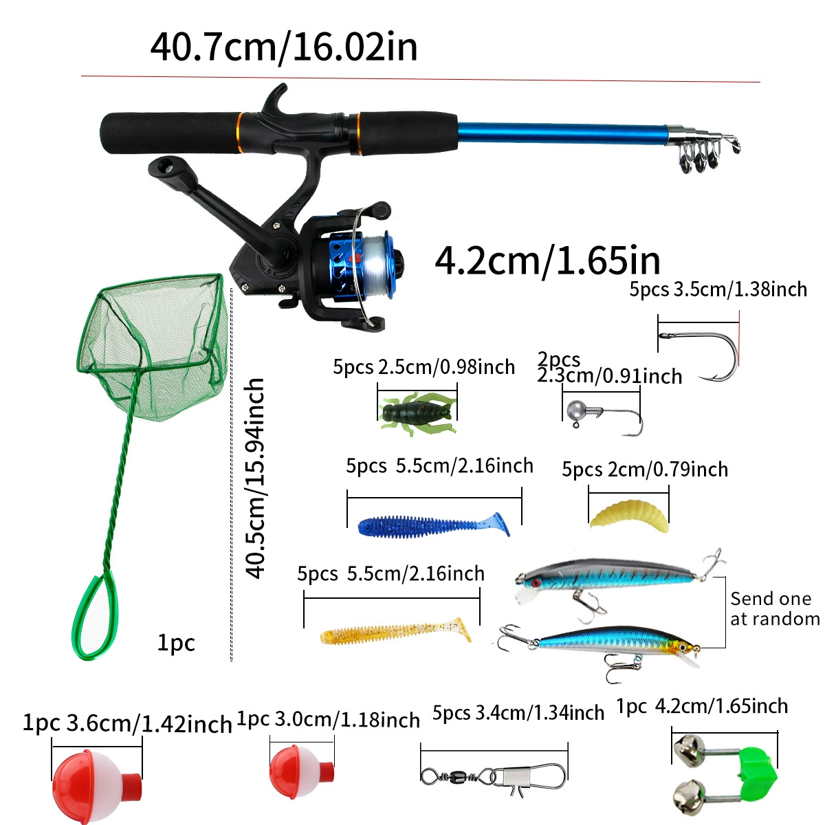 Kit completo de accesorios de pesca con cañas telescópicas, carretes y variedad de señuelos