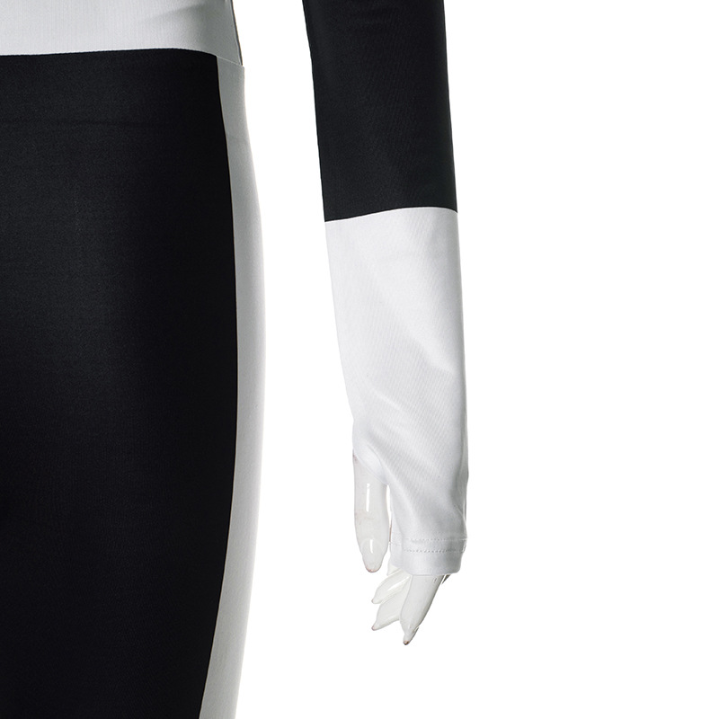 Women Clothing Autumn Winter Contrast Color Stitching Finger Fit Design Zipper Collared Cardigan Tight High Waist Suit