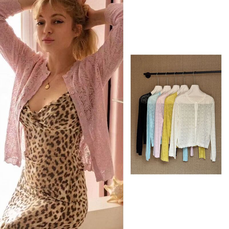 Hanko Gentle Macaron-Colored Wool and Linen Blend French-Style Hollow-Out Knit Cardigan, Slimming and Versatile Sun Protection Shirt