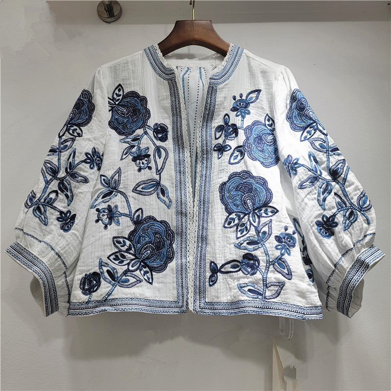 Blusa con Bordado 3D y Mangas Abombadas de Algodón y Poliéster