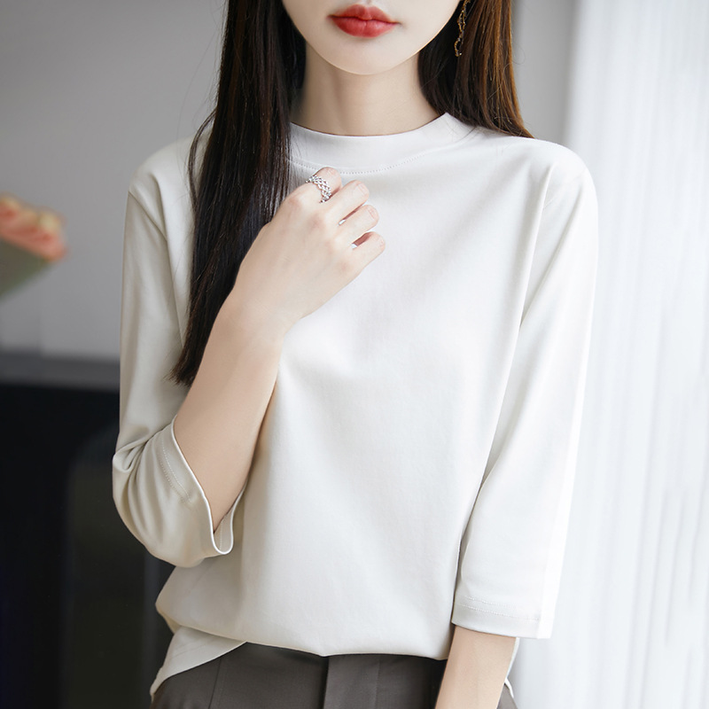 여성을 위한 새로운 스타일의 여성용 7부 소매 고급 호주 면 바닥 셔츠, 루즈한 하프 터틀넥 인 트렌디 여성용 티셔츠 탑