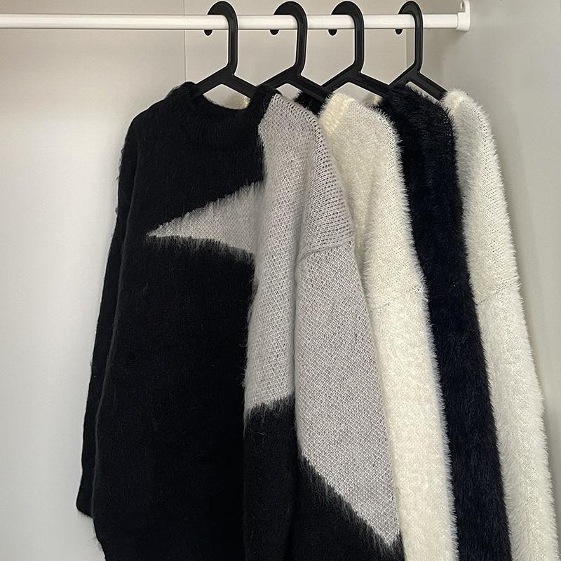 새로운 하프 스타 모헤어 스웨터 남성 겨울 국가적 트렌드 레트로 느슨한 캐주얼 니트 스웨터 커플 학생 소녀