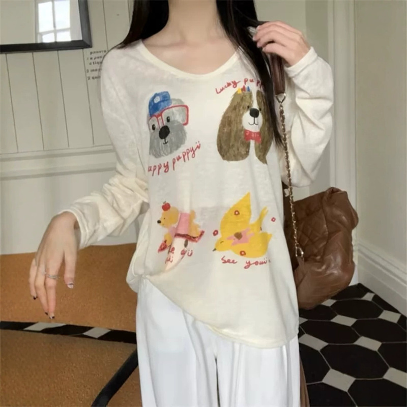 Blouse Women's Summer Thin Relaxed Puppy Print T-Shirt Women's Sun Protection Blouse 2025 Summer Thin Bottoming Top
