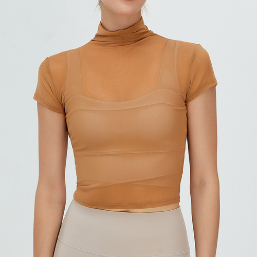 New retro yoga cover-up T-shirt women's high collar quick-drying sports yoga top mesh breathable sun protection yoga clothing