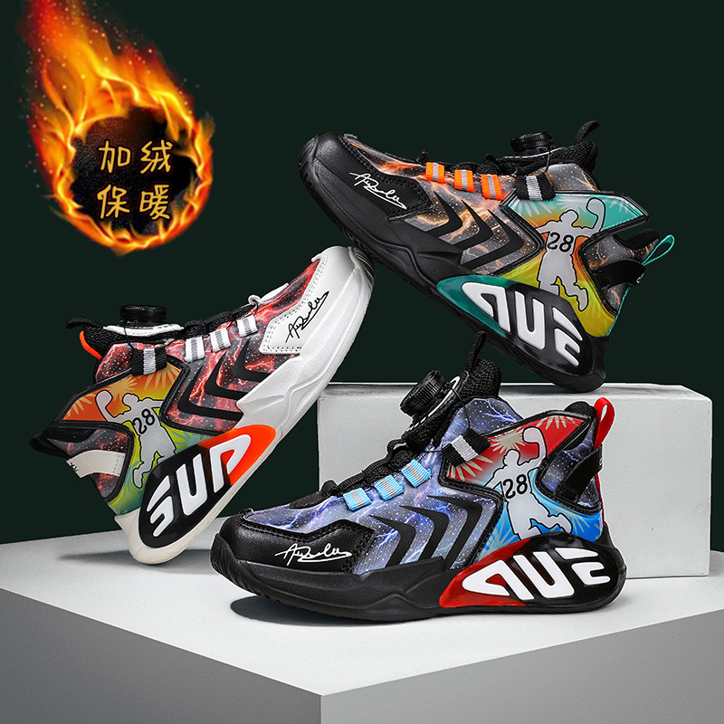 Boys cotton shoes 2022 winter new fleece-lined warm children's rotating button shoes big children's basketball shoes
