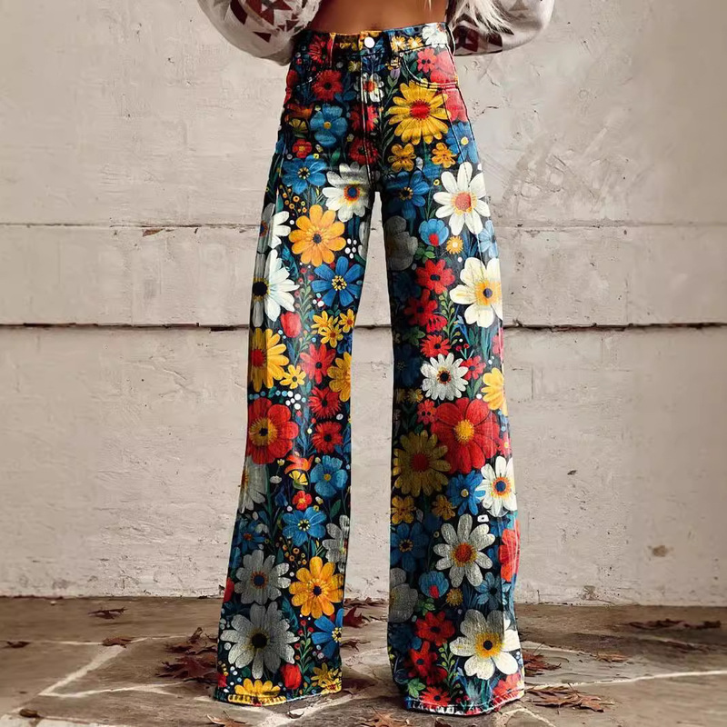 Foreign Trade Cross-Border Aliexpress Supply Bell-Bottom Pants, Plus-Size Women's Pants, Thin Imitation Denim Pants, Wide-Leg Pants (Non-Denim)