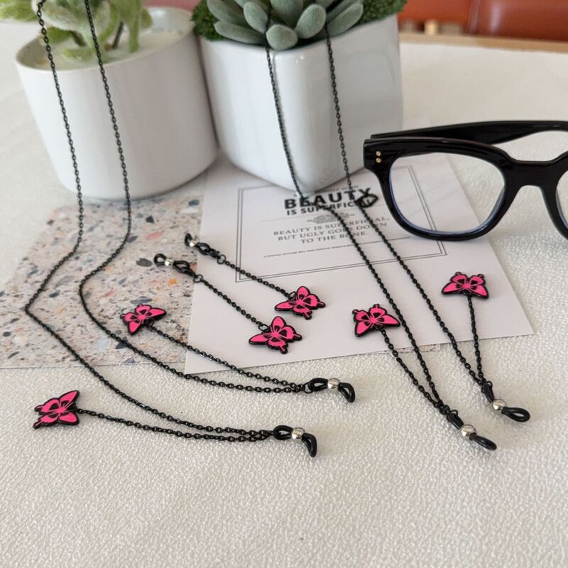 Black Glasses Chain, Magenta Butterfly Long Pendant Glasses Chain, Short Butterfly Black Decorative Glasses Chain Black Glasses Chain, Magenta Butterfly Long Pendant Glasses Chain, Short Butterfly Black Decorative Glasses Chain