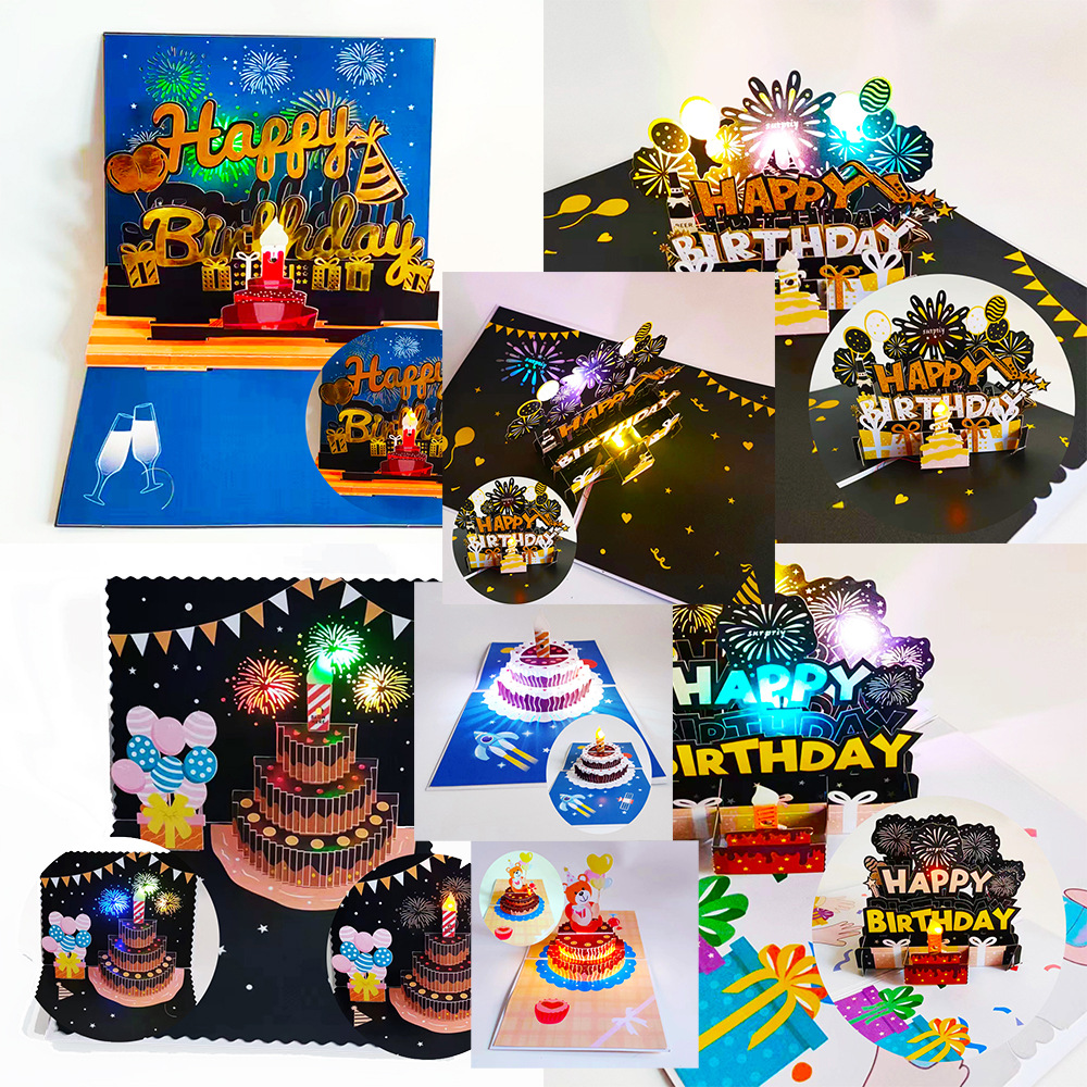 生日装饰蛋糕气球祝福磁控吹灯蜡烛七彩音乐灯光3D立体手工贺卡纸