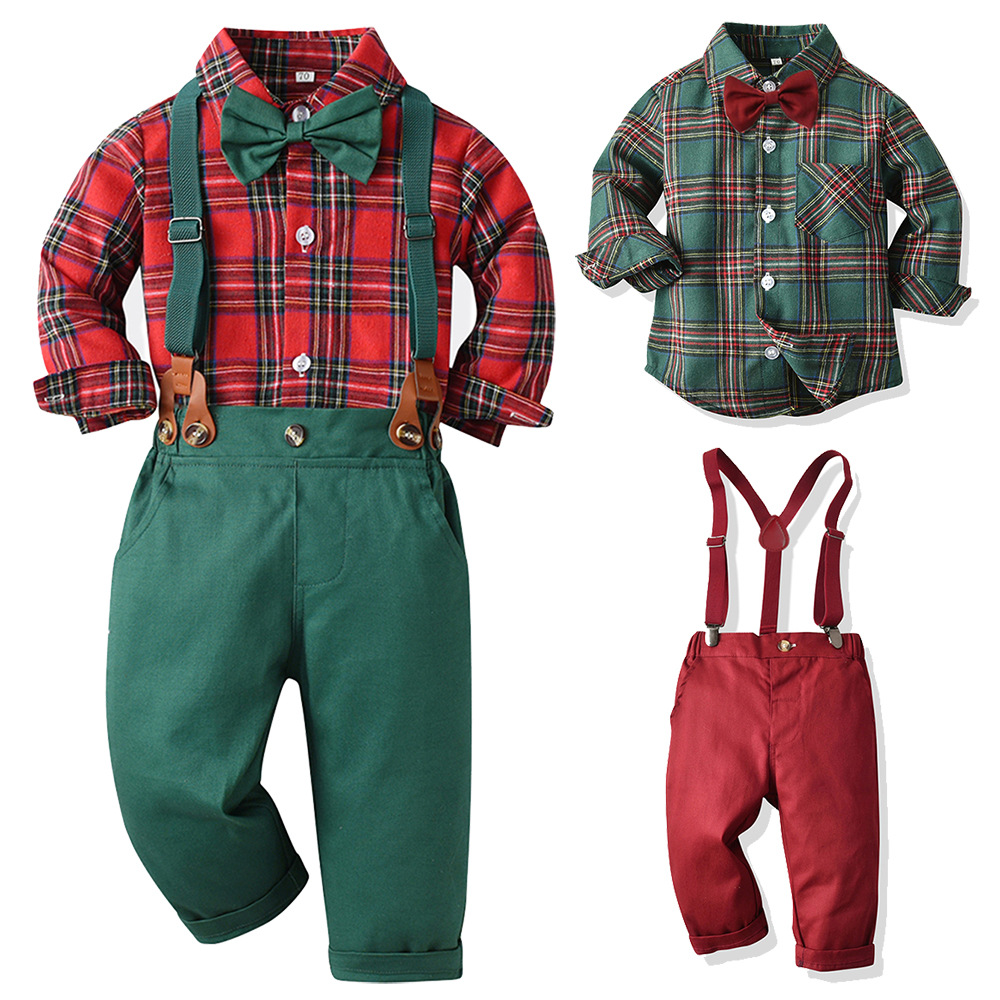 Cross-Border Boys' Autumn Plaid Shirt with Bow Tie and Suspenders Two-Piece Set European and American Children's Christmas Clothing Kids