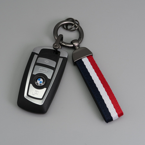 Cross-border hot selling three-color nylon webbing keychain leather key chain pendant car color strip key lanyard