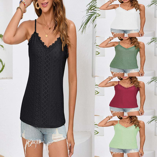 2025 European and American Women's Solid Color Water-Soluble Lace Top Ruffled Backless Tank Top