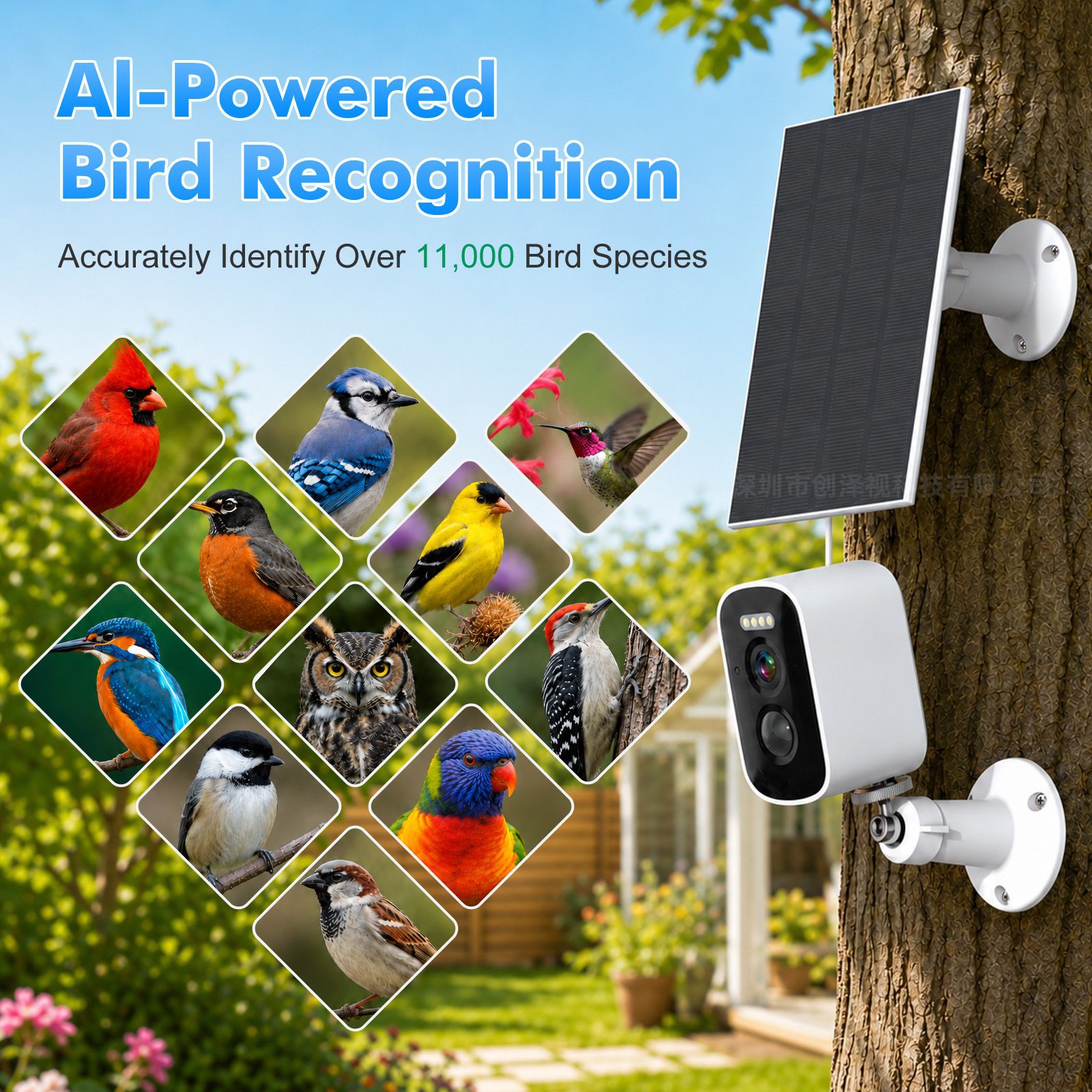 Cámara inteligente transfronteriza de 5MP para observación de aves con reconocimiento IA, monitor solar inalámbrico ICSEE de fábrica.