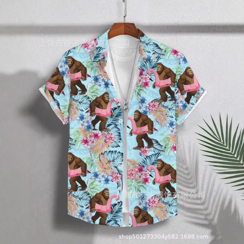 2026 Cross-Border Hawaiian Flamingo Print Short-Sleeved Shirt Men's Resort Style Lapel Cardigan Casual Top 2026 Cross-Border Hawaiian Flamingo Print Short-Sleeved Shirt Men's Resort Style Lapel Cardigan Casual Top