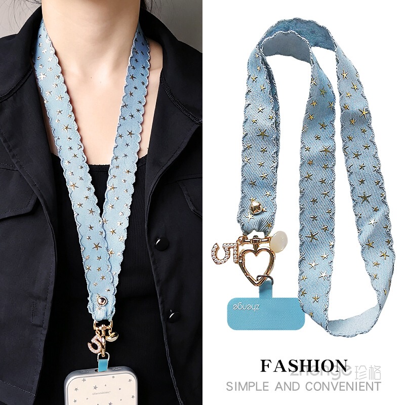 Original handmade simple star-shaped denim phone lanyard, long neck strap with sturdy pad clip, suitable for outdoor travel and anti-loss protection