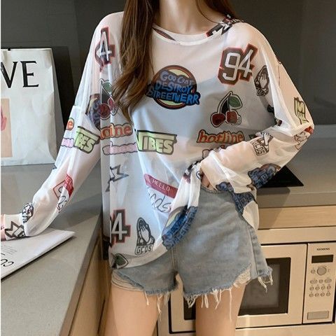 トムとジェリー アイスシルク日焼け止めブラウス Tシャツ レディース 夏 大きいサイズ ルーズ プルオーバー 長袖 薄手 メッシュ トップ|undefined