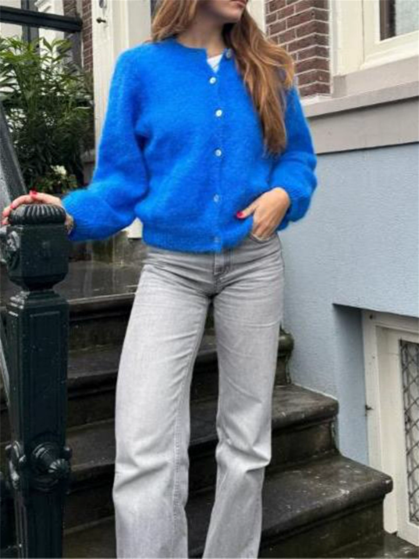 Женский модный повседневный кардиган, однотонный, с длинным рукавом, трансграничный