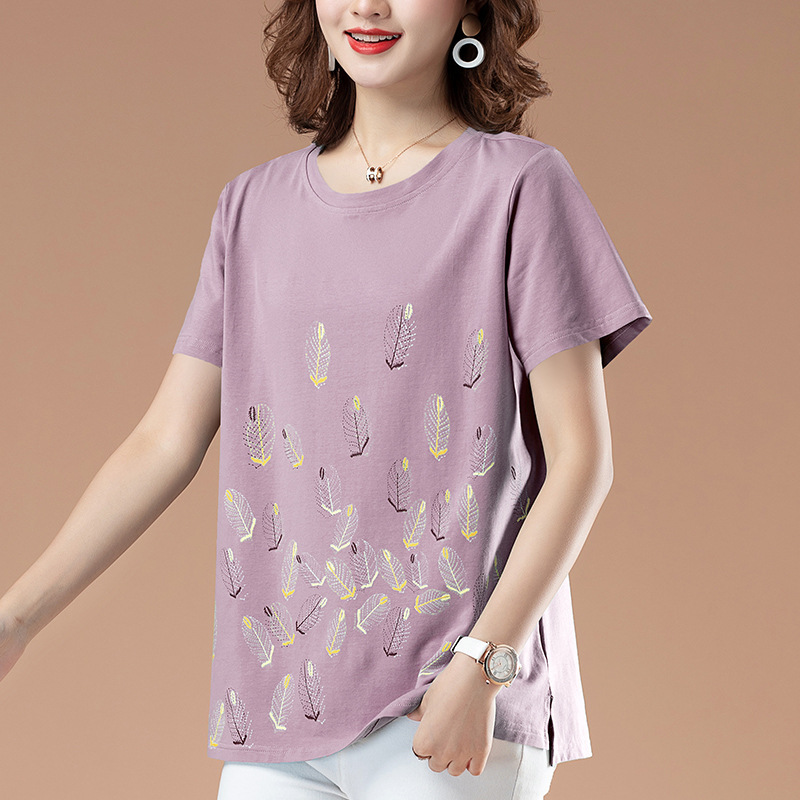 Middle-Aged Women's Large Size Pure Cotton Short-Sleeve T-Shirt, New Summer Style for Moms, Loose Fit, Tummy-Covering Top