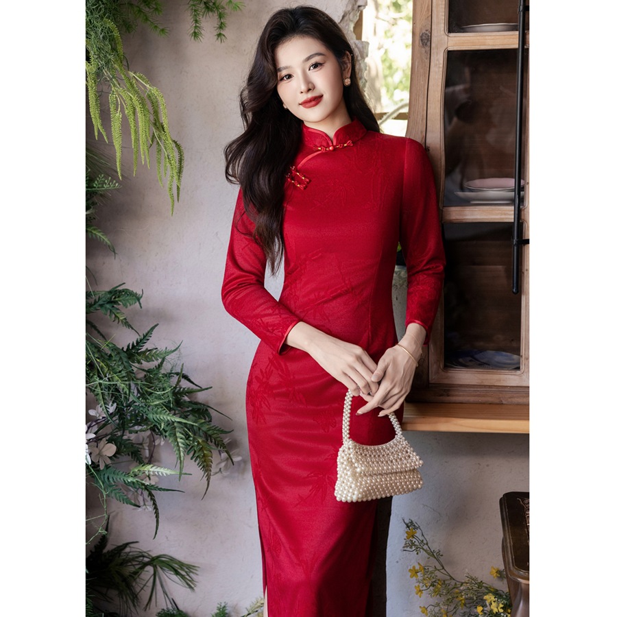 High-End New Chinese Style Bridal Cheongsam Toasting Dress, New Autumn and Winter Retro Chinese Style Cheongsam Dress