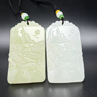 批发白玉山水牌挂件阿富汗玉青白色山水无事牌八宝莲花吊坠玉挂件